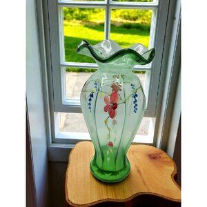vintage dunbar octagon ruffled rim green mist hand painted vase